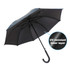 A black eight-panel umbrella with a UV resistant inner layer and a curved handle. It features a logo.