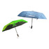 A folding ten-panel umbrella featuring a vibrant green side and a blue side with a water pattern. It has a logo.