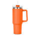 A drink bottle in bright orange with a clear lid and straw, featuring a sturdy handle and a sleek design.