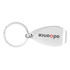A silver keychain in a teardrop shape with a logo on one side.