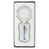 A silver keychain with a rounded rectangular design inside a white box, featuring a logo.