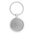A silver Anello keychain featuring a circular design with a smooth, reflective surface and a metal ring.