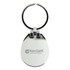 A silver keychain with a rounded shape and a ring, featuring a logo on one side.