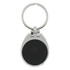 A silver keychain with a round black leather insert and a circular ring for attaching keys.