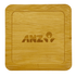A bamboo coaster with a square shape, featuring an engraved logo. The colour is light brown.