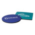 A round blue coaster and a square green coaster, both featuring logos on the surface.