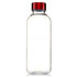 A drink bottle with a clear body and a red screw cap, featuring a branding logo.