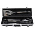 A stainless steel BBQ set with spatula, fork, and tongs in a sleek black deluxe case.