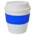 A small white cup with a blue silicone band, featuring a lid and a branding logo.