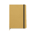 A brown notebook with a black elastic band, featuring a textured cover and a small bookmark ribbon.
