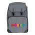 A grey backpack with a large front pocket featuring colourful lettering. The backpack has adjustable straps and metal buckles.