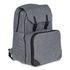 A grey backpack featuring a double flap closure and a front zippered compartment, with black accents.