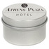 A silver tin candle with a lid, featuring a logo and the text "Athens Plaza Hotel".