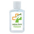 A clear 60ml hand sanitiser gel bottle with a white cap and a logo on the front. Contains 75% ethyl-alcohol.