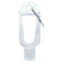 A clear 60mL hand sanitiser bottle with a carabiner attached, featuring a textured grip and a small opening at the bottom.