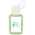 A green 30ml bottle of hand sanitiser gel with aloe, containing 75% ethyl alcohol, featuring a logo.