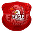 A red custom neck gaiter featuring an eagle design and logo. It has a smooth, tubular shape.