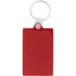 A red rectangle keychain featuring a metal ring for attachment.