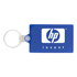 A rectangular blue keychain with a metal ring and a logo.