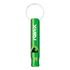 A green aluminium whistle keychain featuring a metal ring and a branding logo.