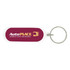 An oval acrylic keychain featuring a maroon background and a silver keyring, with a logo design.