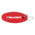 A red floating keychain with a silver ball chain and a logo on one side.