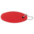 A red floating keychain featuring a smooth, oval shape and attached to a silver chain. It has a logo.