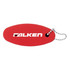 A red floating keychain with a rounded shape and a silver bead chain attachment, featuring a logo.