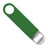 A green vinyl bottle opener with a metal top for removing bottle caps. Simple and sleek design.