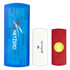 Three bandage dispensers in blue, white, and red, featuring logos but no specific text or markings.