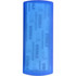 A blue bandage dispenser with a logo, featuring a transparent section that reveals bandages inside.