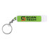 A green and white bottle opener with a keyring attachment, featuring a logo on one side.