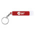 A drink bottle opener in red and white, featuring a keychain attachment and a logo.