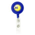 A round badge holder in blue with a white clip and a circular logo at the top.