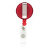 A red round badge holder with a silver clip and a clear strap.