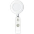 A round, white badge holder with a retractable cord and a clip for attachment.