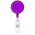 A round badge holder featuring a purple reel and a white clip. It has a logo on the front.