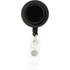 A round black badge holder with a retractable clear strap and a swivel clip at the end.