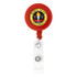 A round red badge holder with a clear strap and a logo in the centre.