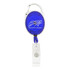 A blue retractable badge holder with a metal clip and a clear plastic attachment for badges. It features a logo.