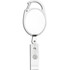 A retractable badge holder with a silver carabiner clip and clear plastic reel.