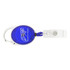A retractable badge holder in blue with a silver clip and a clear strap for attachment. Features a logo on the front.