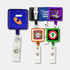 A collection of rectangle badge holders in various colours, each featuring a logo. Clear retractable strap included.