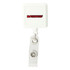 A rectangular white badge holder with a clear clasp and a logo in red on the front.