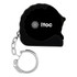 A black mini tape measure with a silver keychain attachment and a logo on the side.