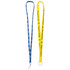 Two custom lanyards are displayed: one in blue and the other in yellow, each featuring a logo and text.