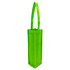 A green non-woven tote bag designed to hold a single wine bottle, featuring sturdy handles and a logo.