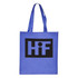 A large blue shopping tote bag with a black logo on the front and long straps for carrying.
