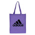 A large purple shopping tote bag with a gusset and a logo on the front.