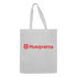 A large white tote bag with gusset and long handles, featuring a logo in red.